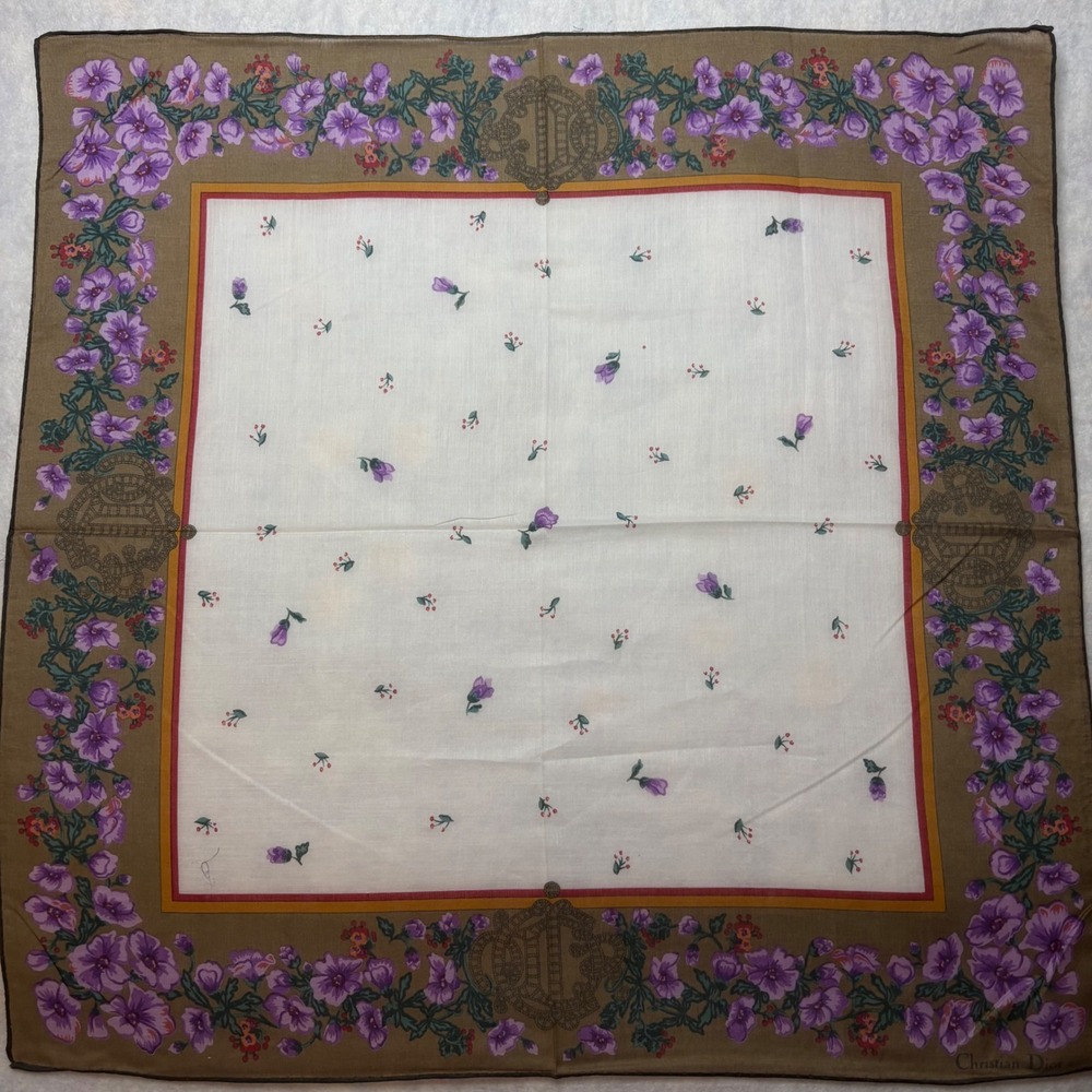 VTG CHRISTIAN DIOR Scarf Handkerchief Floral Cotton White Purple 19x19